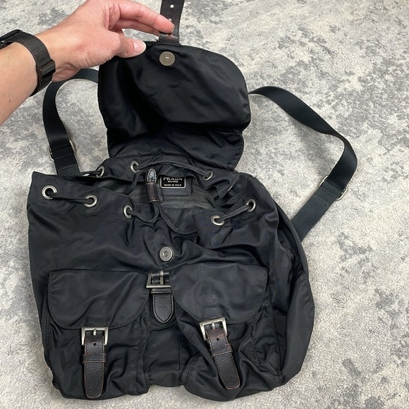Prada Tessuto Black Nylon Backpack Double Pocket Drawstring Buckle Designer - Picture 4 of 14